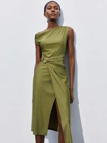 Maija 春夏新款不对称剪裁连衣裙，不对称肩领，收腰设计，饰以金属装饰纽扣，优雅别致 - 淺綠色 - 查看 5