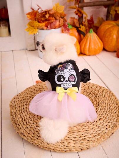 PETSIN Halloween Geist Muster Mesh Patchwork Haustierkleid