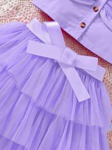 SHEIN Elladie kids Young Girl Elegant Cute Purple Camisole Top With Double-Layer Bow Decor & Elastic Waist; A-Line Multi-Layer Tulle Skirt With Satin Bowknot Waist, Spring/Summer Set - Purple - View 4