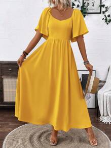 Chiquease Clasi Breezaya 女式奶油黄波西米亚风方形优雅领口浪漫毕业生日礼服音乐会服装海滩女士服装泡泡袖露背蝴蝶结连衣裙带蝴蝶结春夏超长度假柔软面料荷叶边袖长裙 - 黃色 - 查看 6