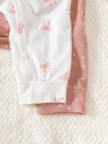 SHEIN 2pcs Newborn Baby Girl Autumn Outfit, Comfortable & Cute Bow Pattern Long Sleeve Jumpsuit Set, Suitable For Any Occasion Fall Winter