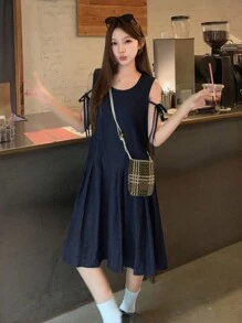 DAZY 女士圆领蝴蝶结腰部褶裥中长牛仔连衣裙 夏季女装连衣裙 - 藍色 - 查看 7