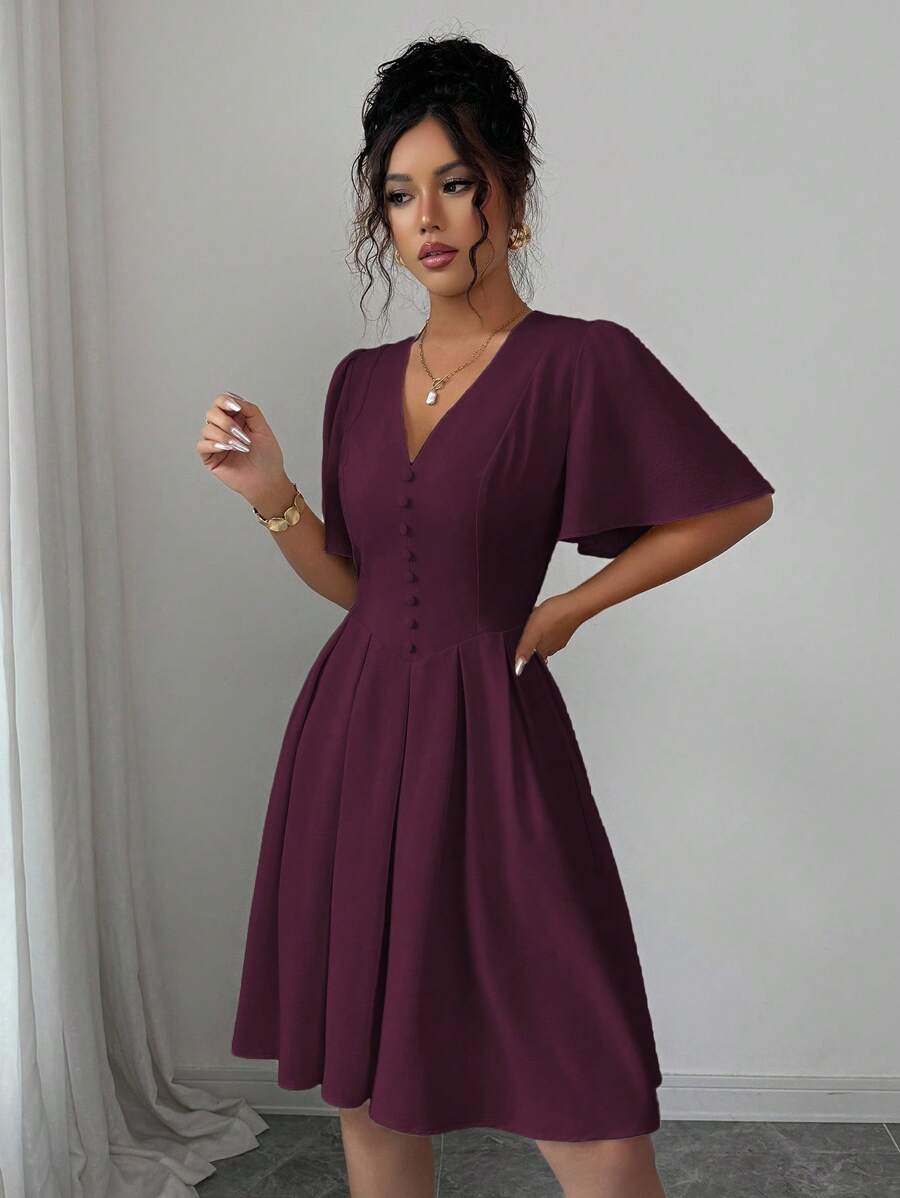 Elenzga Đầm ngắn cổ chữ V tay bèo nhún trang trí viền nút lưng thun thanh lịch cho nữ, thích hợp mặc đi làm, đi nghỉ, đi trà chiều, dự tiệc - Màu đỏ tím - Xem 1
