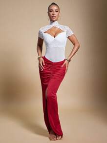 Hauture Spitzen-Mesh-Bodysuit mit Stehkragen und Schnürung hinten, gepolsterter Büste