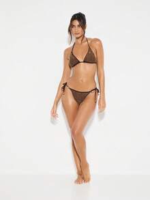 KIZN Metallic Gold Studded Triangle Bikini Set Summer Beach Halter Top String Bottom Two Piece Swimsuit Bathing Suit Resort Wear Holiday Beachwear - Brown - View 3