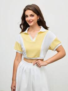 SHEIN Unity 女式休闲拼色短袖 Polo 衫，夏季 - 黃色 - 查看 3