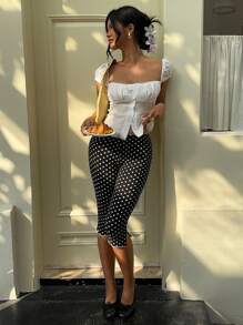 MainGRL Women Casual Capris Polka Dot Print Slim Fit Shorts,Going Out Outfits,Back To School Clothes, - Black and White - View 6