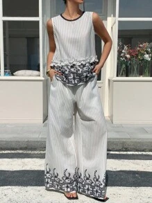 DAZY Women's Elegant Summer Bohemian Black And White Checkered Contrast Color Print Patchwork Sleeveless Vest And Wide Leg Pants 2 Pieces Vacation Outfit - White - View 1