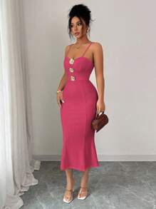 Elenzga Women's Elegant & Fashionable Solid Color Sleeveless Bodycon Dress With Metal Buckle Decor, Summer