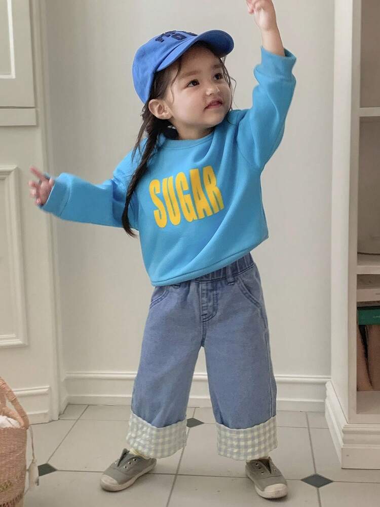 Toddler Girls' Lace Patchwork Loose Fit Denim Pants, Korean Style