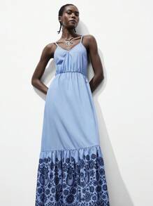 Lumivelle Women's Casual Vacation Floral Embroidery Ruffle Hem Long Strap Dress, Summer Summer Dress Clothes For University - Blue - View 1