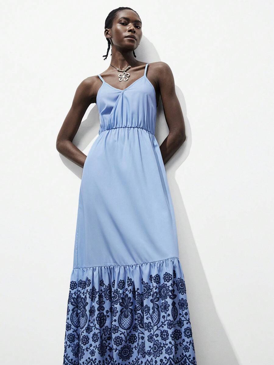 Lumivelle Women's Casual Vacation Floral Embroidery Ruffle Hem Long Strap Dress, Summer Summer Dress Clothes For University - Blue - View 1