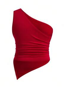 Sweetra Camiseta de tirantes finos y cuello profundo drapeado asimétrico negro, talla grande y sexy - Multicolor - Ver 7