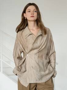 Dazy-Less Camisa de manga larga con botones, diseño asimétrico de dobladillo en degradado, estilo casual de negocios para mujer, otoño - Caqui - Ver 2