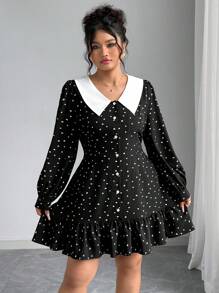 Elenzga Plus Size Women Autumn/Winter Fashion Dress With Heart Pattern And Ruffle Hem - Black - View 3