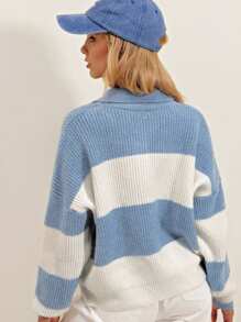 RueChic Colourblock Drop Shoulder Ribbed Knit Jumper - Blue and White - View 2