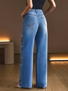 Selenza 女式水钻镂空口袋宽腿宽松休闲牛仔裤 - 藍色 - 查看 2