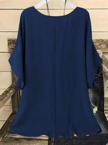 Linhara Plus Size Casual Vacation Brown Shirt, Fashionable For Summer - Blue - View 2