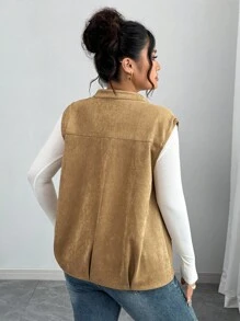 Elenzga Chaqueta sin mangas elegante de oficina/casual/vacaciones para mujer de talla grande, con cuello de cremallera metálica, botones dorados, hombros caídos, bajo plisado, forro, adecuada para primavera, otoño e invierno