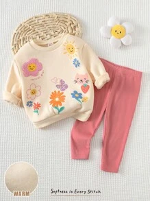 Cozy Pixies 女婴两件套柔软针织植物花卉图案圆领长袖毛衣上衣和松紧腰裤套装 - 杏色 - 查看 1