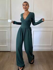 DAZY Simple Solid Color Lapel Women's Lounge Set, Fall Winter Clothes, Cozy Outfits - Blue - View 1