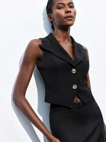 Maija 2025秋冬新款黑色短款束腰金属扣背心，现代优雅都市浪漫西部朋克Y2K乡村音乐节复古风韩版机场旅行街头风婚礼宾客生日万圣节商务休闲办公室约会派对郊游机场返校秋季女装 - 黑色 - 查看 6