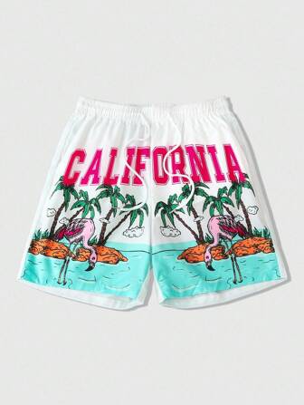 Street Life Herren Urlaubs-Buchstaben & Palmenbaum Muster Shorts mit Kordelzug Taille und Taschen, locker geschnitten