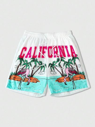 Street Life Men's Vacation Letter & Palm Tree Print Drawstring Waist Pocket Loose Shorts