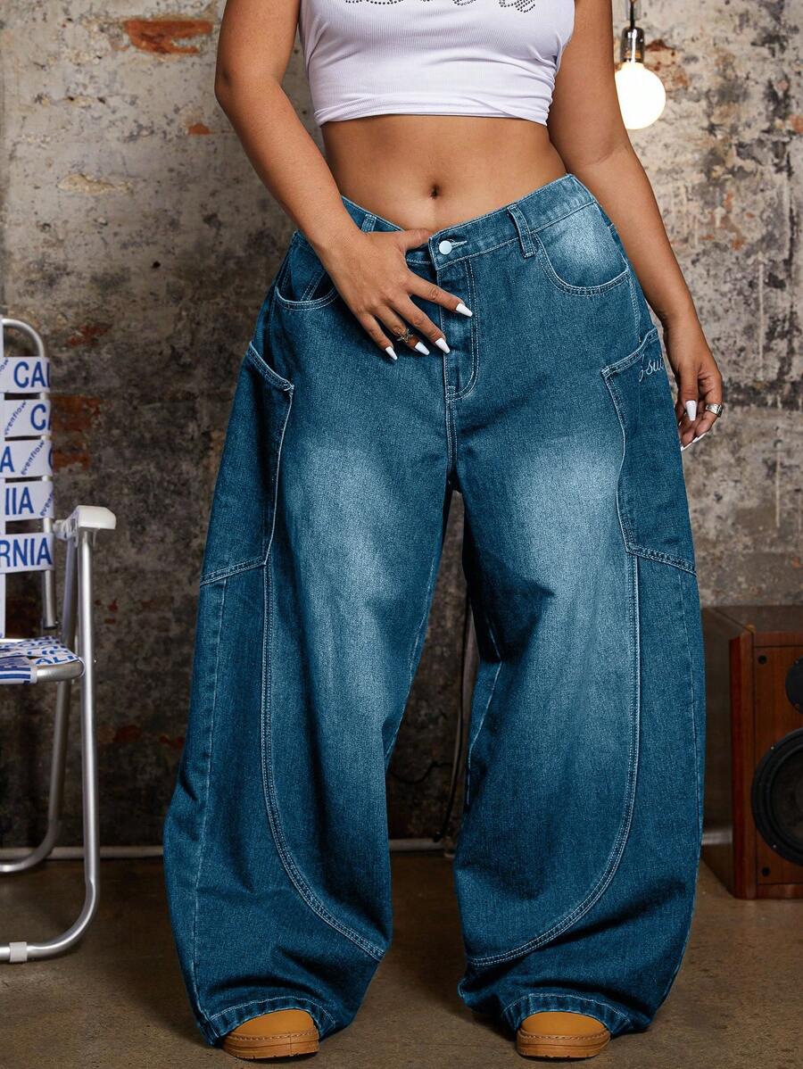 EURMUSE Quần Jeans Denim Rộng rãi Thời Trang Đường Phố Cho Nữ Cỡ Lớn - Rửa nhẹ - Xem 1
