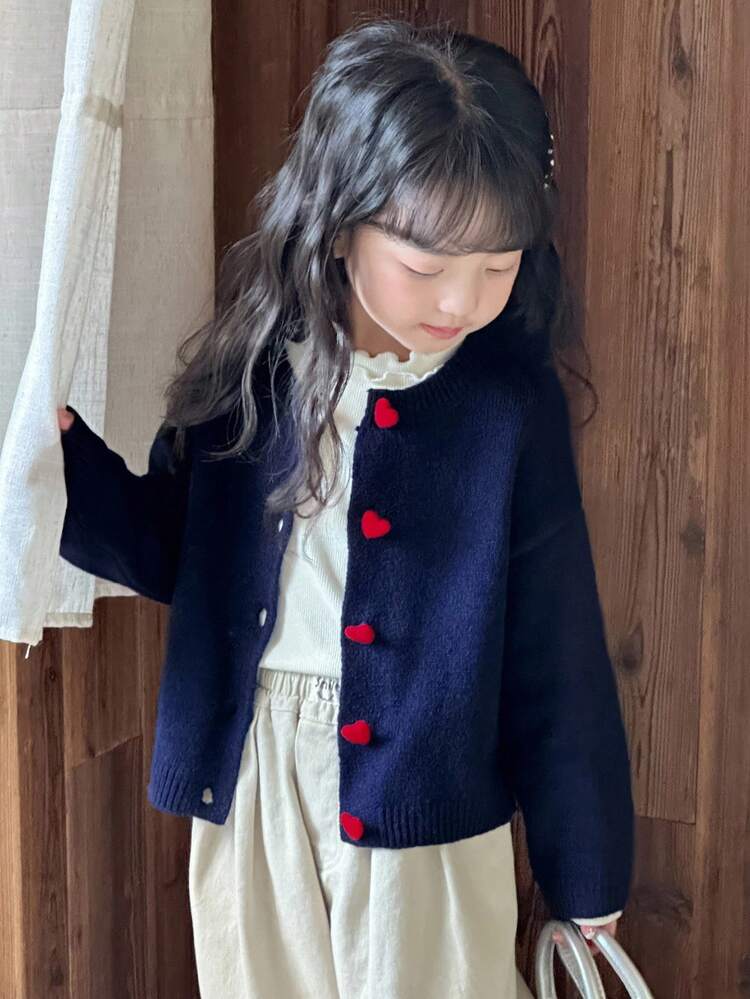 Young Girls Solid Color Korean Style Casual Heart Decor Long Sleeve Cardigan, Spring/Autumn