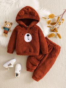 SHEIN 2 件套男婴加厚法兰绒泰迪熊刺绣连帽长袖卫衣和松紧腰裤套装，儿童服装，婴儿服装，婴儿装，婴儿上衣，男婴泰迪熊套装，适合秋冬季 - 棕色 - 查看 3