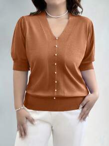 EMERY ROSE Plus Size Women's Solid Color V-Neck Puff Sleeve Short Sleeve Casual Knit Pullover Sweater Knit Pullover Fall Winter Autumn - Brown - View 1