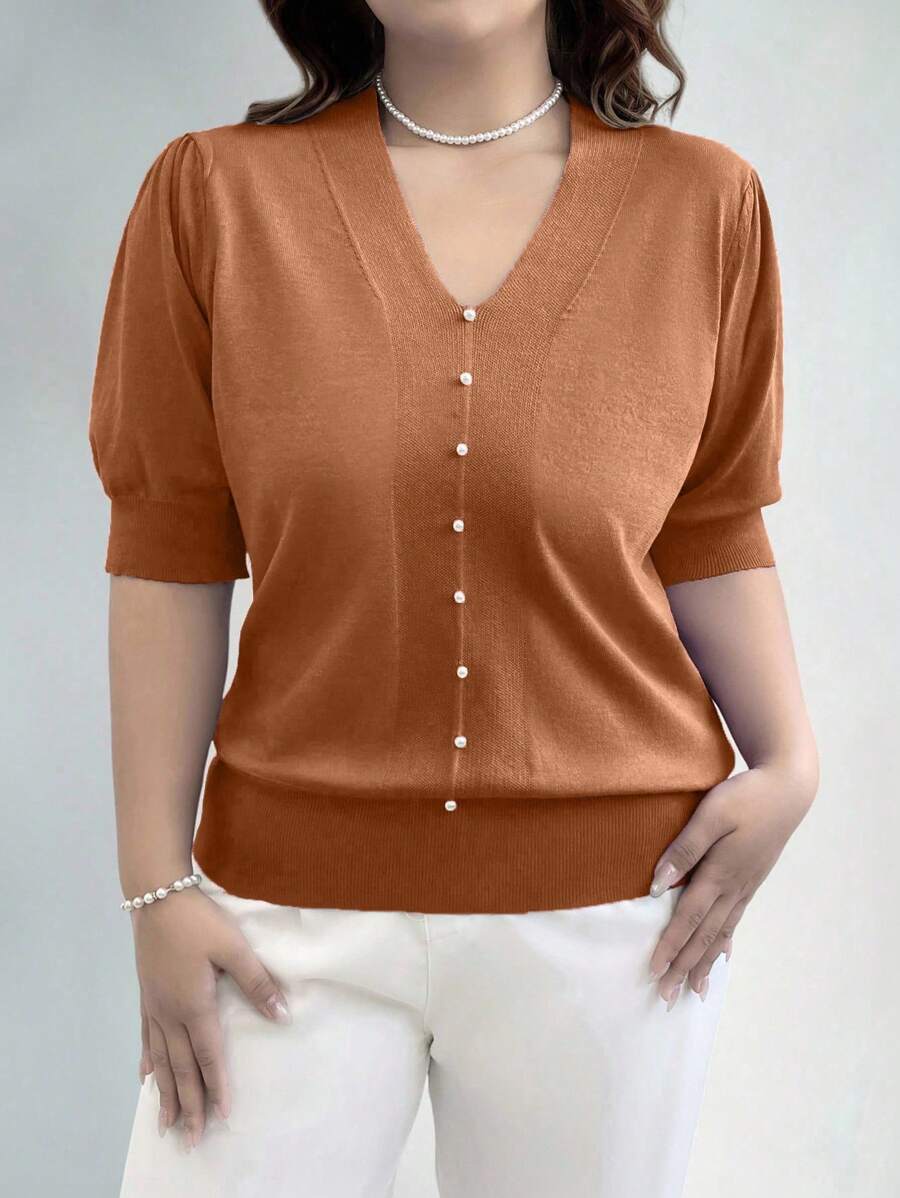 EMERY ROSE Plus Size Women's Solid Color V-Neck Puff Sleeve Short Sleeve Casual Knit Pullover Sweater Knit Pullover Fall Winter Autumn - Brown - View 1