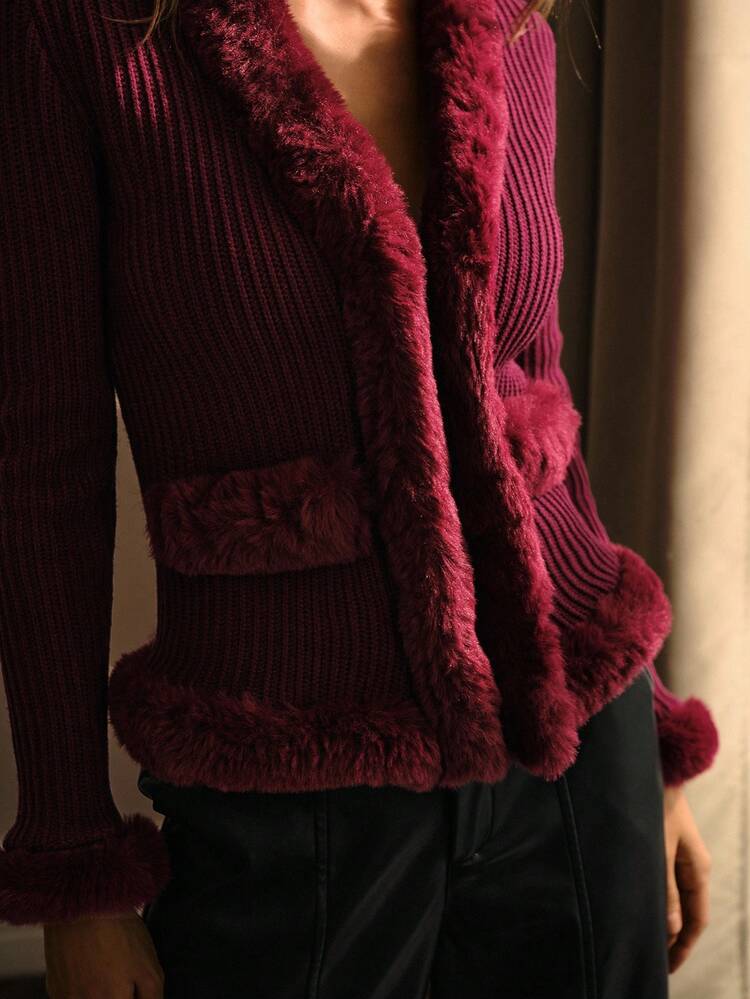 CONTRAST FAUX FUR SLIM FIT CARDIGAN