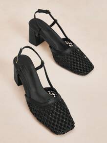 Rosivie Women's Fashion Brown Woven Hollow High Heel Pumps For Christmas - Black - View 3