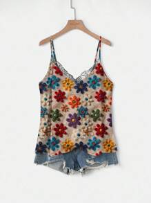 EMERY ROSE 加大码 V 领蕾丝拼布花卉图案夏季纯色优雅吊带背心，适合度假、约会、派对和时尚