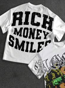 SHEIN Bolty Tween Boy Casual Fashion Cool Person Silhouette & Money Symbol Print Short Sleeve Round Neck T-Shirt, Classic "Rich Money Smiles" Slogan Print, Suitable For Summer - White - View 2