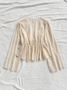 Soleia V领系腰简约纯色荷叶边休闲女式衬衫 - 杏色 - 查看 2