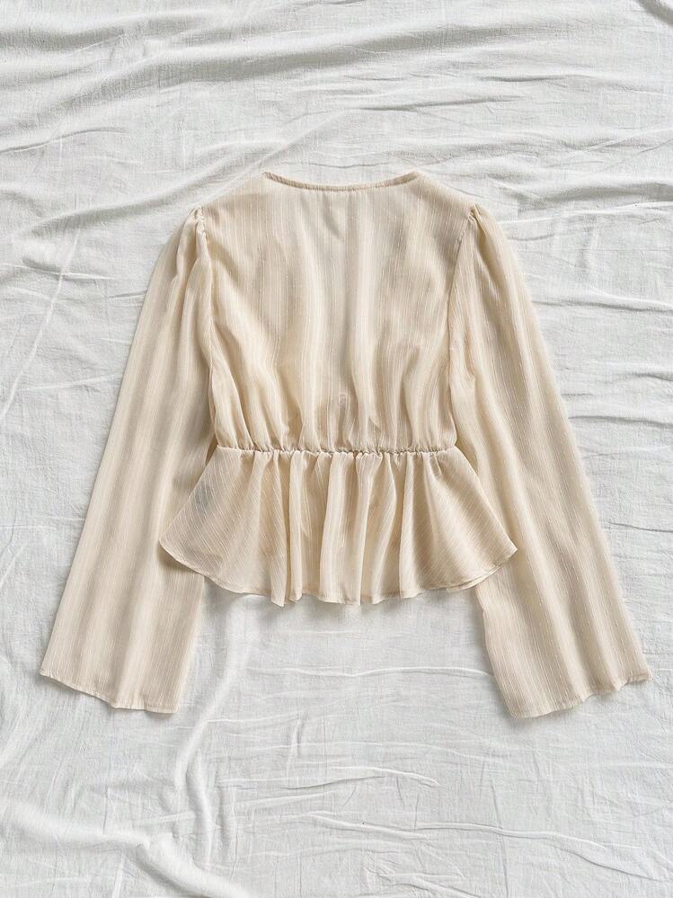 SHEIN WYWH V-Ausschnitt mit Krawatte Taille einfache unifarbene Peplum Lässig Damen Bluse - Aprikosenfarben - Übersicht 2