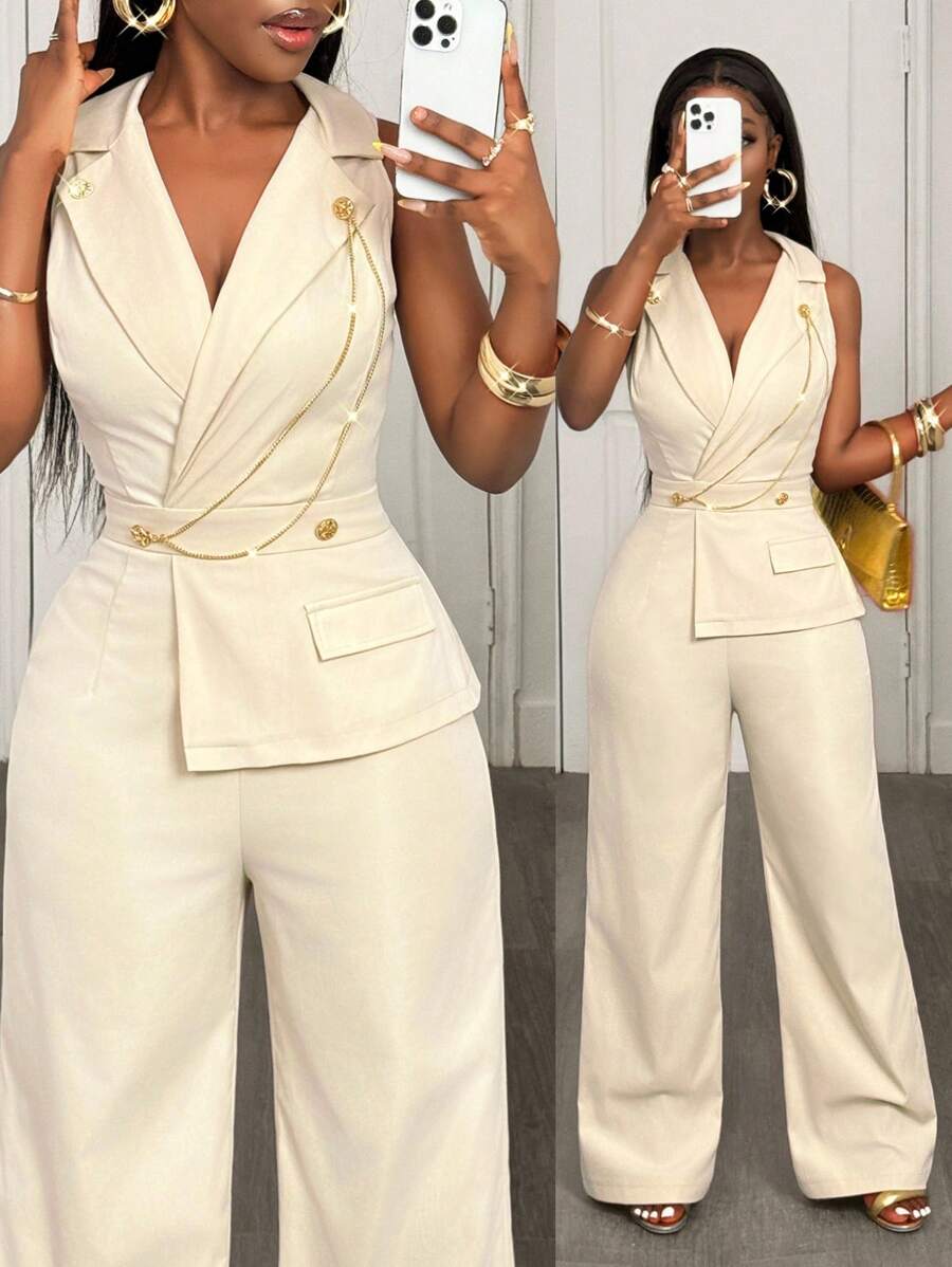 BamGleam 时尚性感西装领金链休闲阔腿女式连体裤 - 杏色 - 查看 1