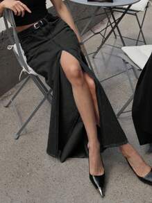 Strévra 女士休闲侧开衩长款牛仔裙，带口袋