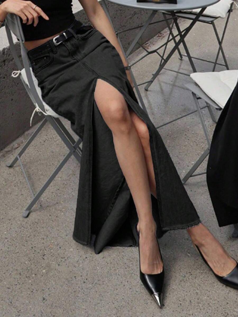 Strévra 女士休闲侧开衩长款牛仔裙，带口袋