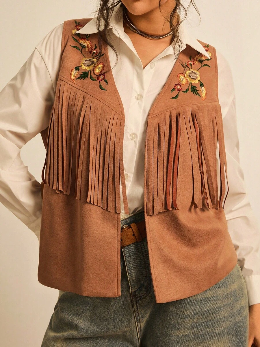 SHEIN LUNE Áo khoác vest tua rua thiết kế thêu hoa cỡ lớn cho nữ, áo vest kiểu Tây, áo vest tua rua cho nữ, quần áo kiểu Tây, quần áo mùa thu, trang phục công sở thường ngày cho nữ, áo khoác dạ hội tua rua, áo khoác da lộn tua rua cho nữ, trang phục Halloween cho nữ, áo khoác dài không tay màu lạc đà phong cách Boho, áo kiểu Tây, quần áo mùa thu cho nữ - màu nâu - Xem 1