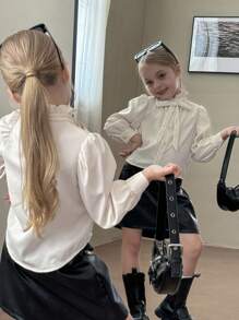 Easowa Young Girl Frenchy Casual Versatile Woven Solid Color Bow Turndown Collar Long Sleeve Fitted White Shirt, Back To School, Back To School, Summer Tops, Young Girl Clothes, Babydoll Top, White Top, White Shirt, Long Sleeve Tops, Cute Tops, Back To School Season, Mom And Daughter & Sisters Matching. - Apricot - View 10