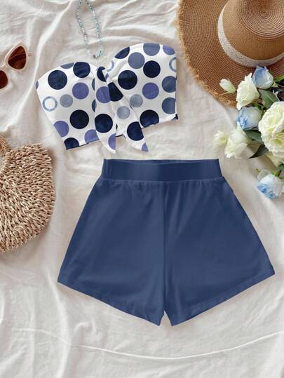 Soleia Vintage Blue Polka Dot Casual Vacation Style Sexy Cute Y2K Coconut Girl Boho Vacation Beach Outfits For Women, Spring Break, Brunch-Ready Baby Blue Girls Trip Butter Yellow Neon Beach Vibes Bohemian Hippie Music Festival Summer 2-Piece Set Women Two Pieces Shorts Set