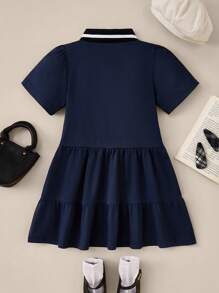 Casuvi Kids 2025年返校季儿童大学校园运动装，女童字母刺绣撞色包边荷叶边下摆高领宽松连衣裙