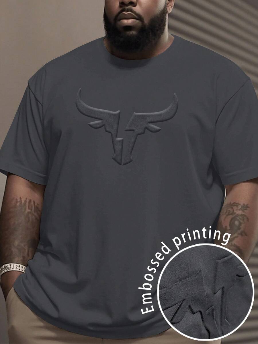 Manfinity Homme 大码男士休闲宽松牛头压花圆领短袖T恤 - 深灰色 - 查看 1