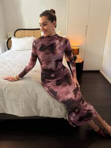 Lavishia Váy dài tay cao cổ in họa tiết trừu tượng nhuộm màu nâu, eo nhún, phong cách thời trang của người có sức ảnh hưởng - Nhiều màu - Xem 5