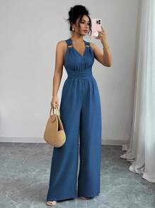 Selianne Bộ đồ liền thân ống rộng buộc eo cổ chữ V dành cho nữ, màu xanh, trang phục thường ngày mùa hè - Màu xanh ngọc - Xem 3