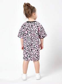 SUMWON Girls Leopard Print T-Shirt Dress Pink Animal Pattern Casual Summer Tunic Length Jersey Casual Everyday Dress With Black Rib Trim - Multicolor - View 2
